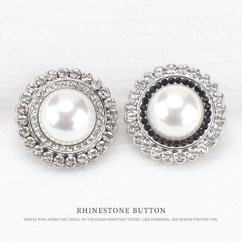 21.5mm Silver Pearl White Black Rhinestones Metal Sewing Button 6pcs