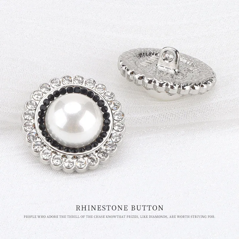 21.5mm Silver Pearl White Black Rhinestones Metal Sewing Button 6pcs