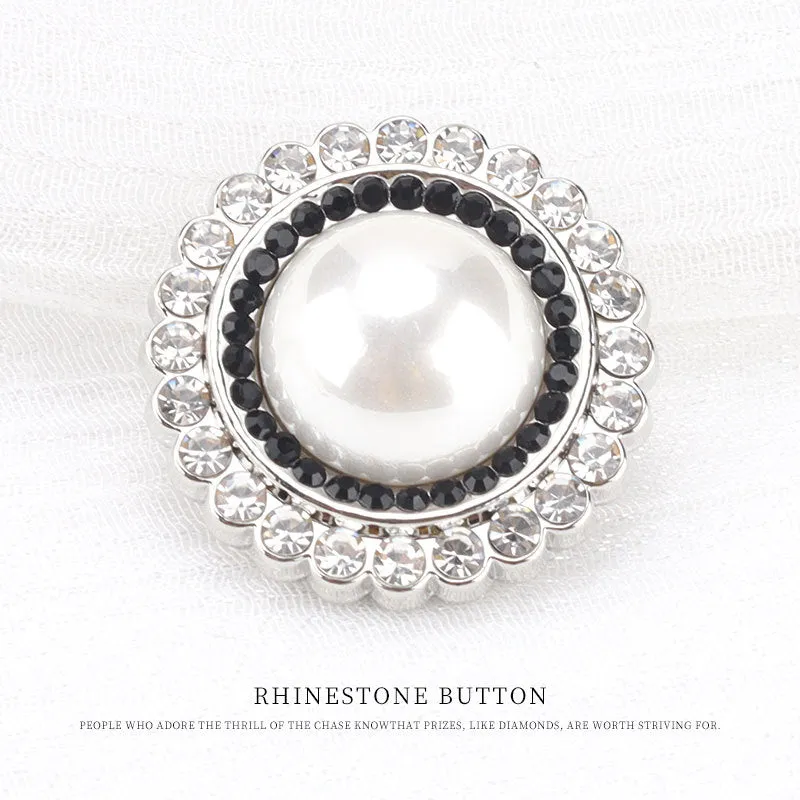21.5mm Silver Pearl White Black Rhinestones Metal Sewing Button 6pcs