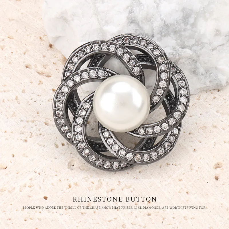 22.5mm Stacked Circular Hollowed Flower Shape Pearl Zircon Copper Button 2pcs