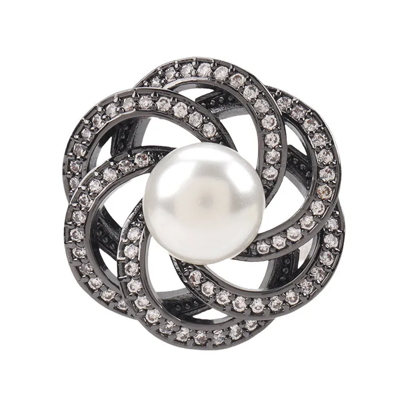 22.5mm Stacked Circular Hollowed Flower Shape Pearl Zircon Copper Button 2pcs
