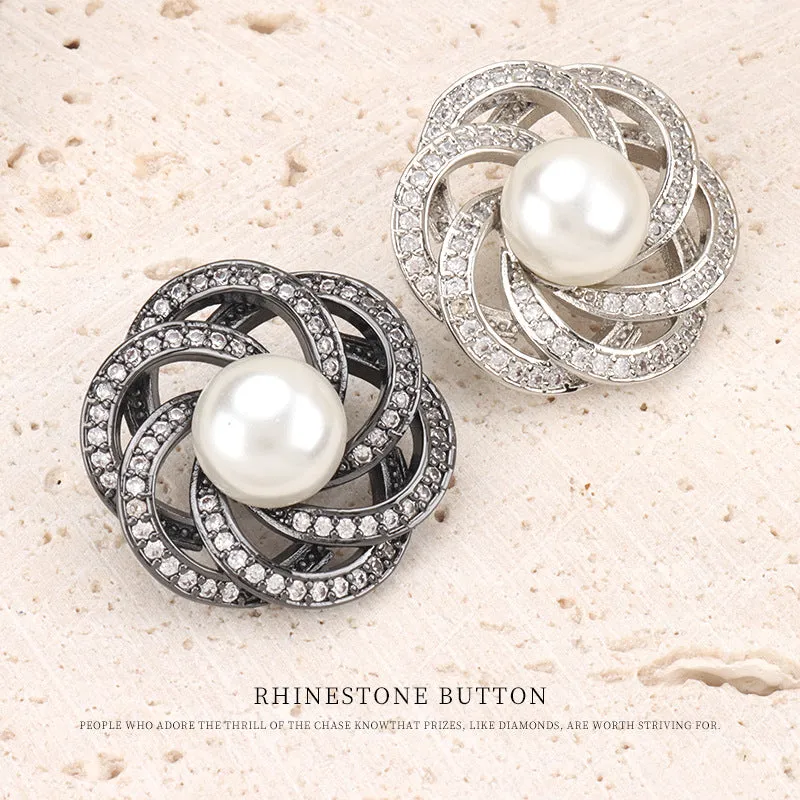 22.5mm Stacked Circular Hollowed Flower Shape Pearl Zircon Copper Button 2pcs