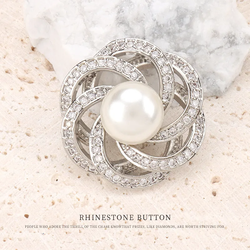22.5mm Stacked Circular Hollowed Flower Shape Pearl Zircon Copper Button 2pcs