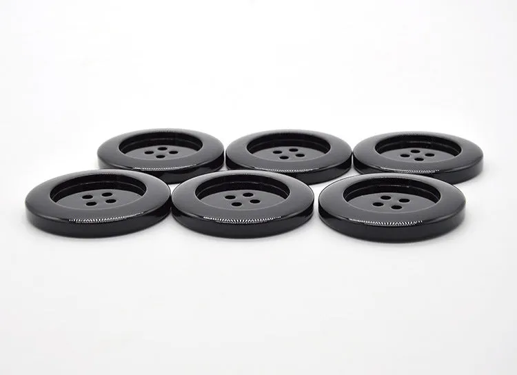 50mm Extra Large Glossy Black Resin Round Four-Hole Buttons 6pcs
