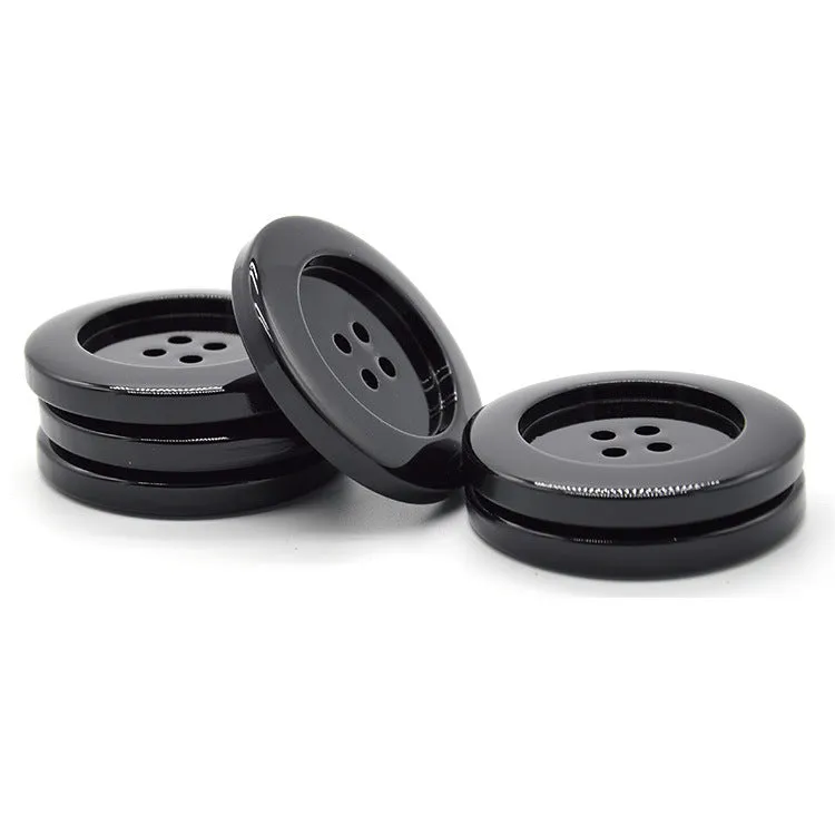 50mm Extra Large Glossy Black Resin Round Four-Hole Buttons 6pcs