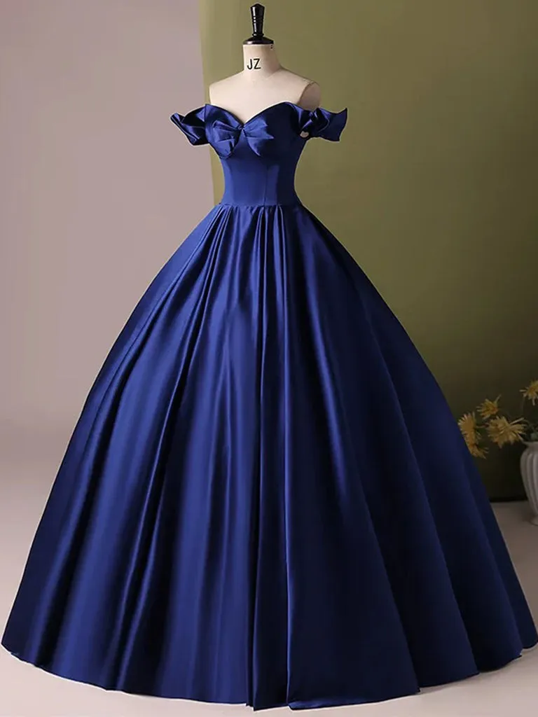 A-Line Off Shoulder Satin Blue Long Prom Dress, Blue Long Formal Dress