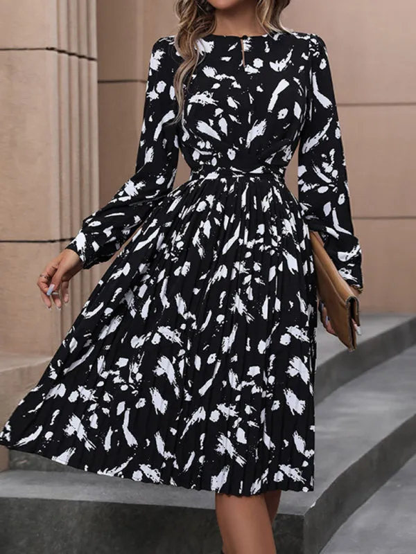 Abstract Print Long-Sleeved Dress with Keyhole Neckline