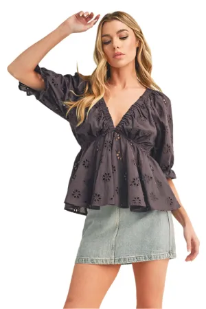 Aemi   Co Eyelet Embroidered V-Neck Half Sleeve Peplum Blouse