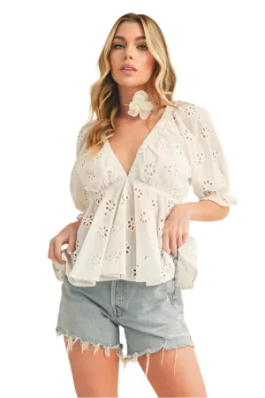 Aemi   Co Eyelet Embroidered V-Neck Half Sleeve Peplum Blouse