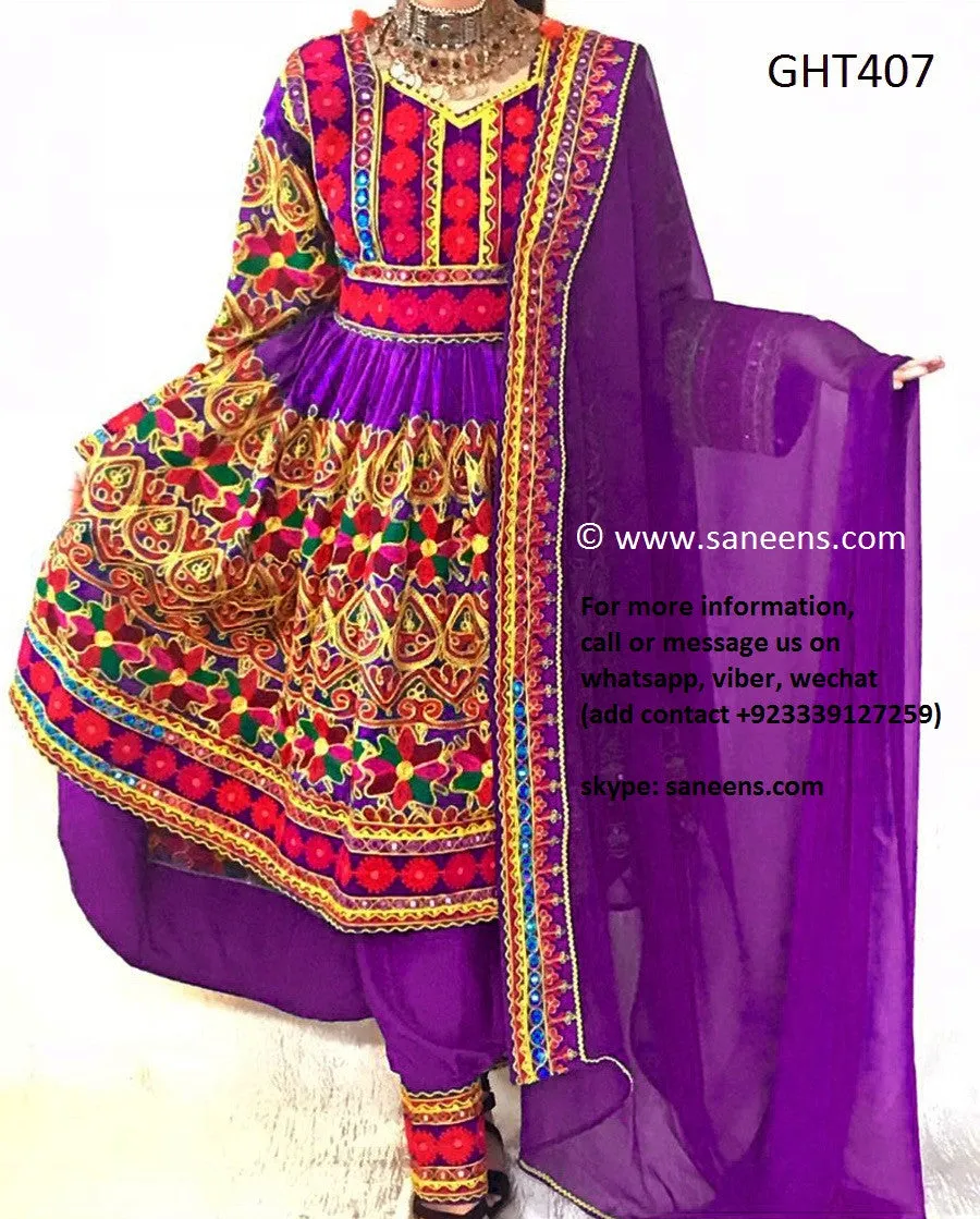 Afghan Traditional Dress In Purple Color With Multicolor Jolay Cloth