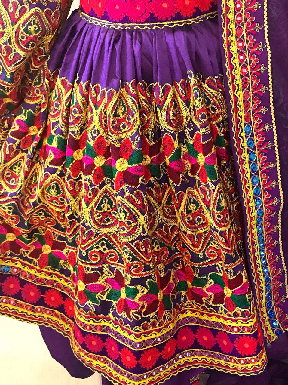Afghan Traditional Dress In Purple Color With Multicolor Jolay Cloth