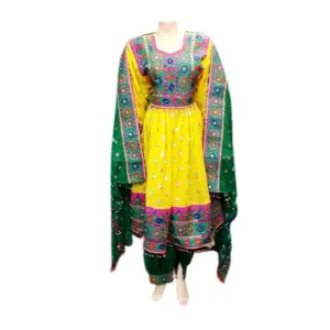 Afghan Yellow Dress Frock Mirrors Embroidery Work