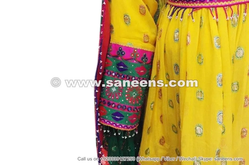 Afghan Yellow Dress Frock Mirrors Embroidery Work