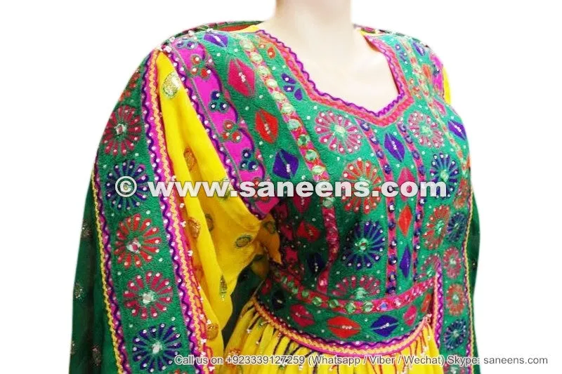 Afghan Yellow Dress Frock Mirrors Embroidery Work