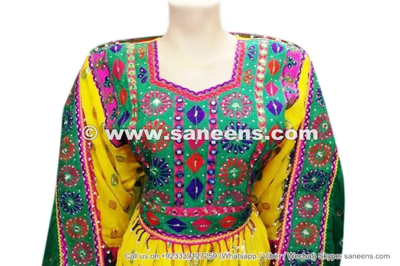 Afghan Yellow Dress Frock Mirrors Embroidery Work