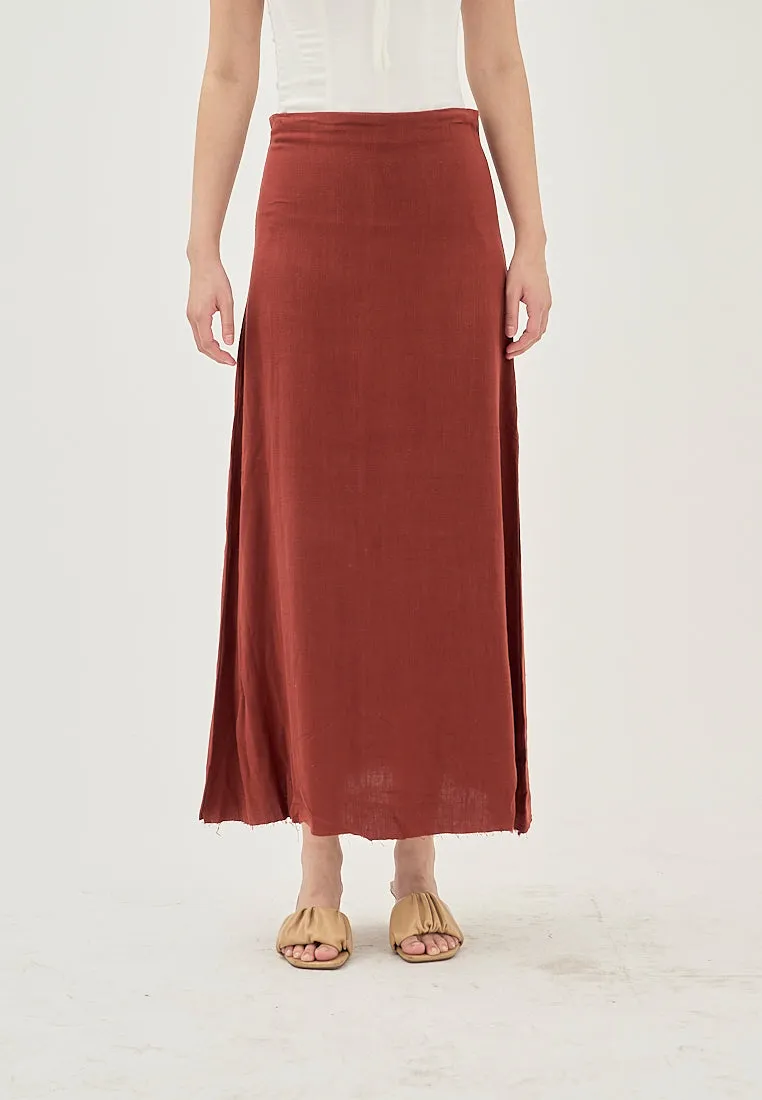 Aidy Burgandy Zipper Fly Raw Hem Midi Skirt