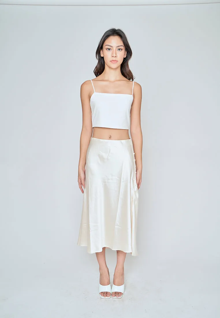 Ainsley Cream Silk Side Buttons Midi Skirt