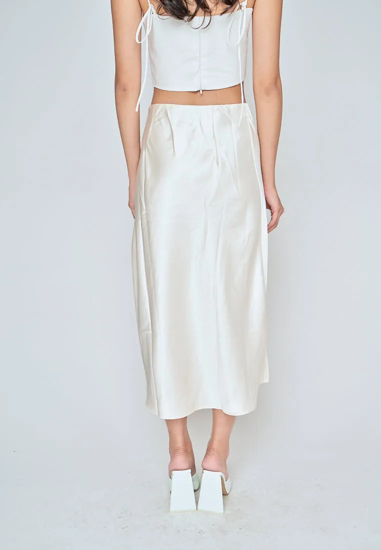 Ainsley Cream Silk Side Buttons Midi Skirt