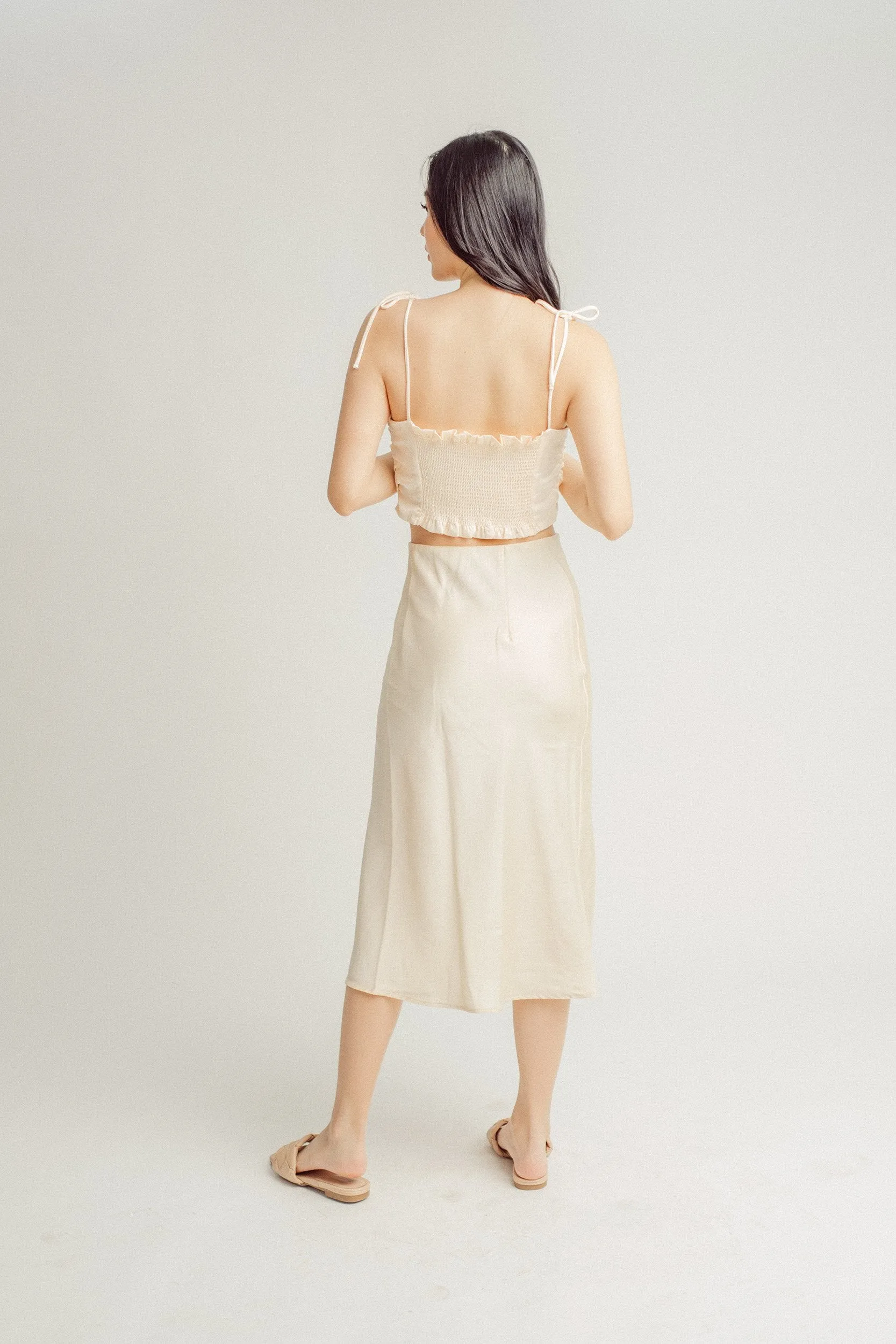 Ainsley Cream Silk Side Buttons Midi Skirt
