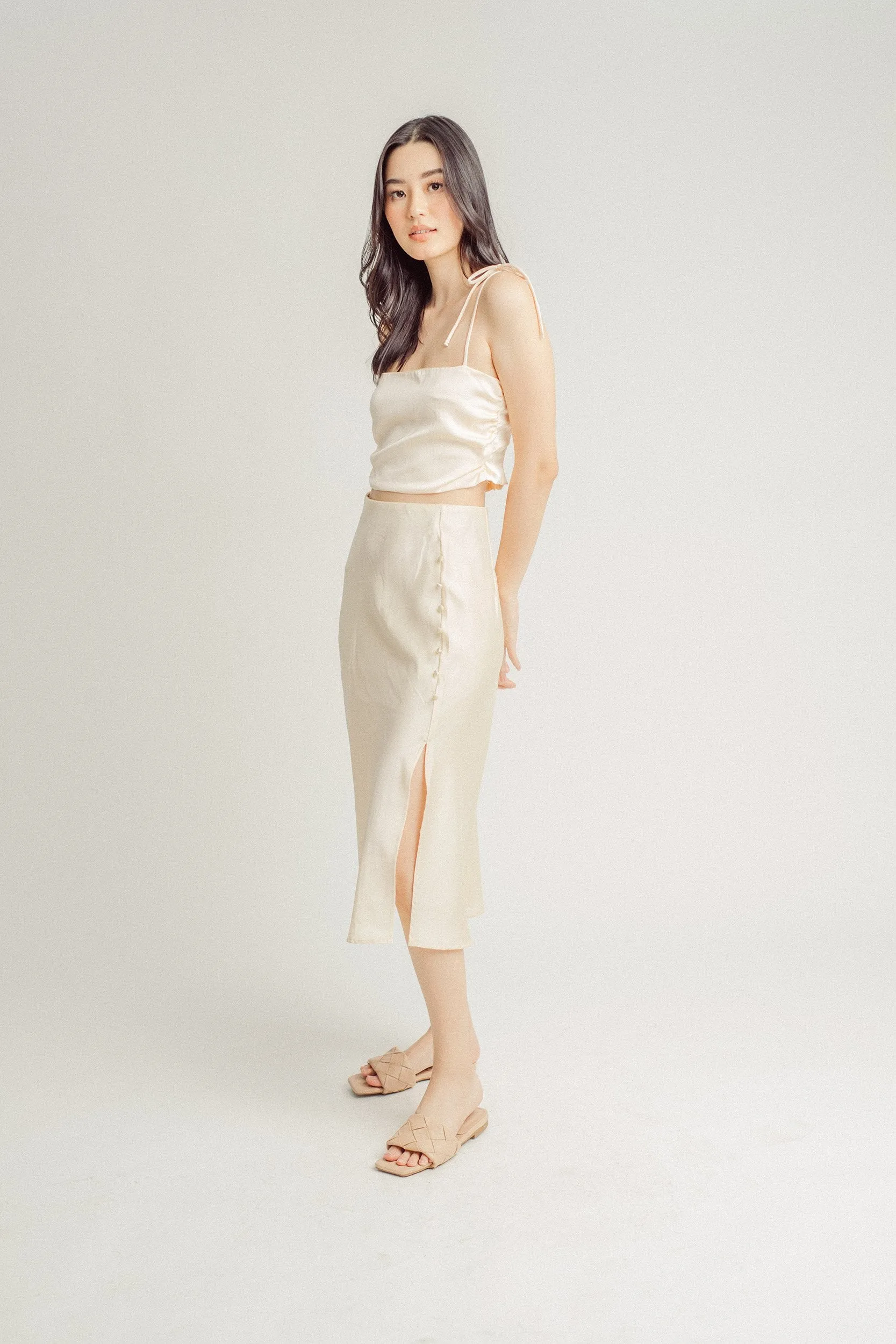 Ainsley Cream Silk Side Buttons Midi Skirt