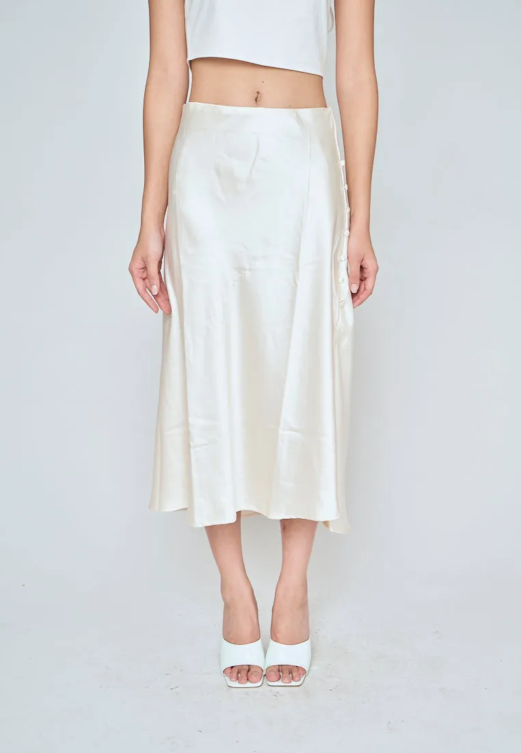 Ainsley Cream Silk Side Buttons Midi Skirt