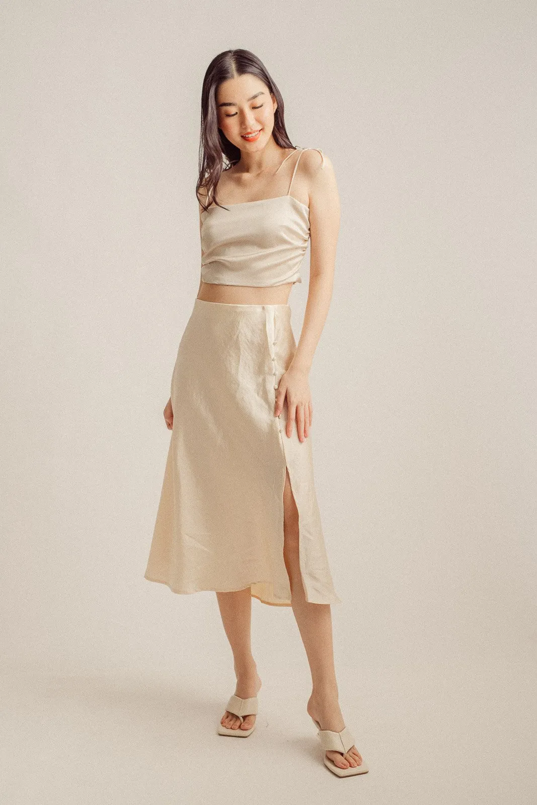 Ainsley Cream Silk Side Buttons Midi Skirt
