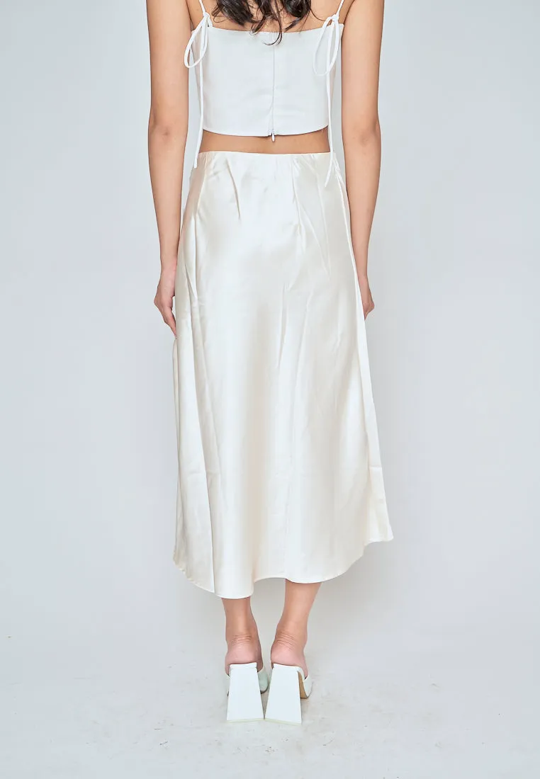 Ainsley Cream Silk Side Buttons Midi Skirt