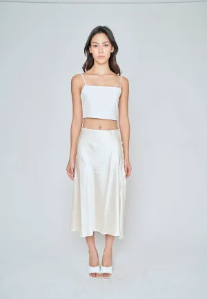 Ainsley Cream Silk Side Buttons Midi Skirt