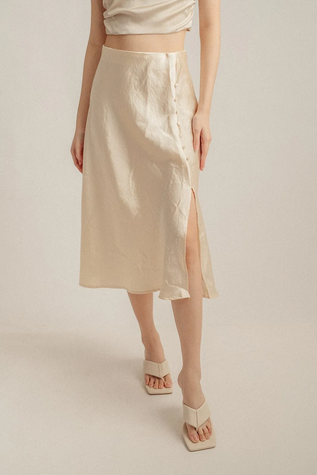 Ainsley Cream Silk Side Buttons Midi Skirt
