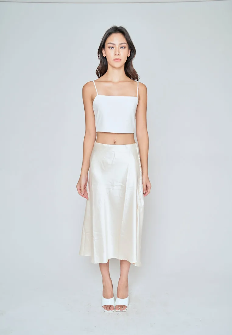 Ainsley Cream Silk Side Buttons Midi Skirt