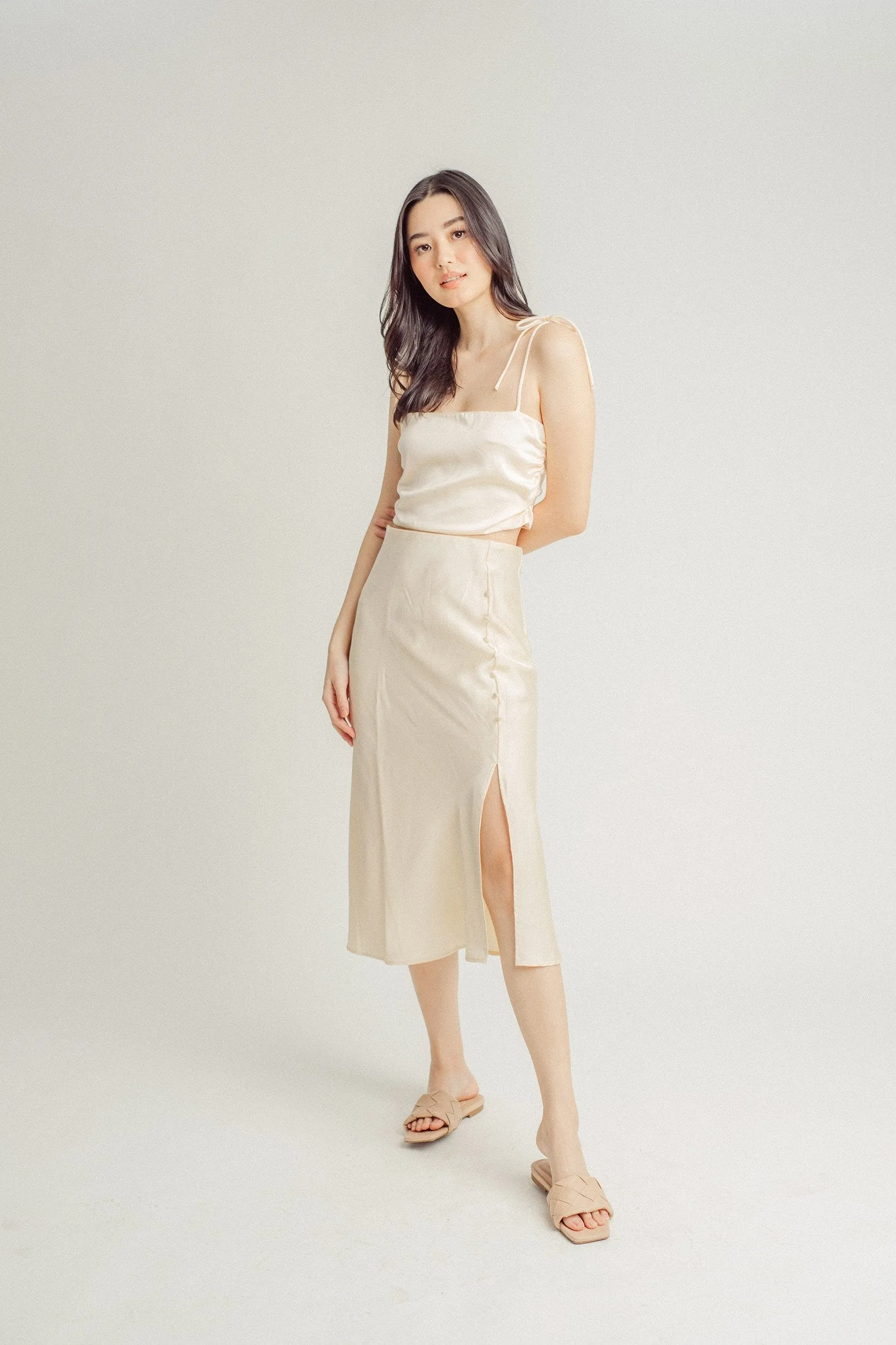 Ainsley Cream Silk Side Buttons Midi Skirt