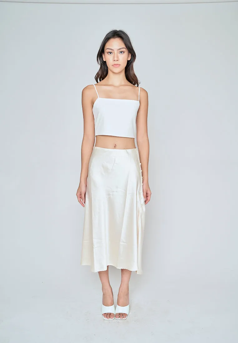 Ainsley Cream Silk Side Buttons Midi Skirt