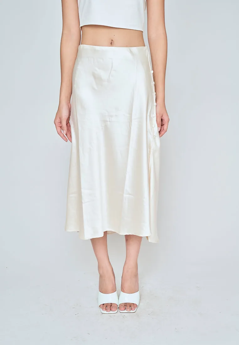 Ainsley Cream Silk Side Buttons Midi Skirt