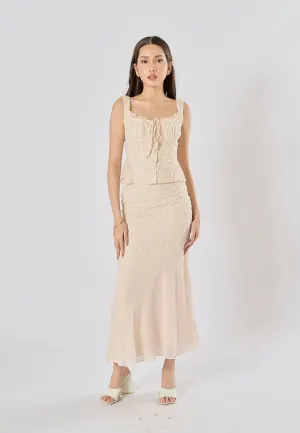 Alice Beige Floral Embroidery Midi Skirt