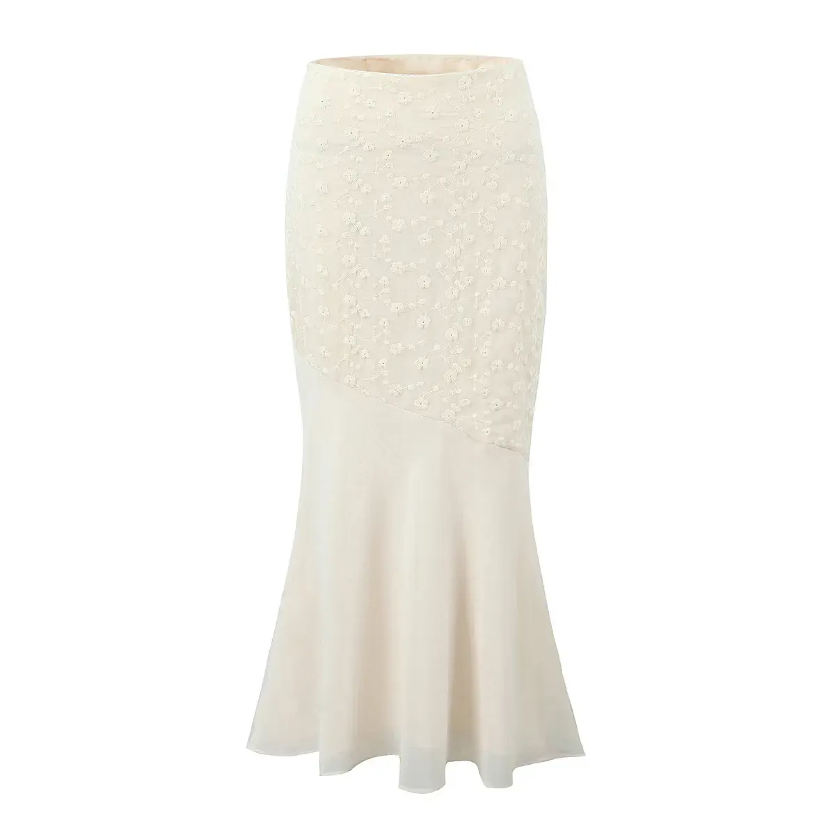 Alice Beige Floral Embroidery Midi Skirt