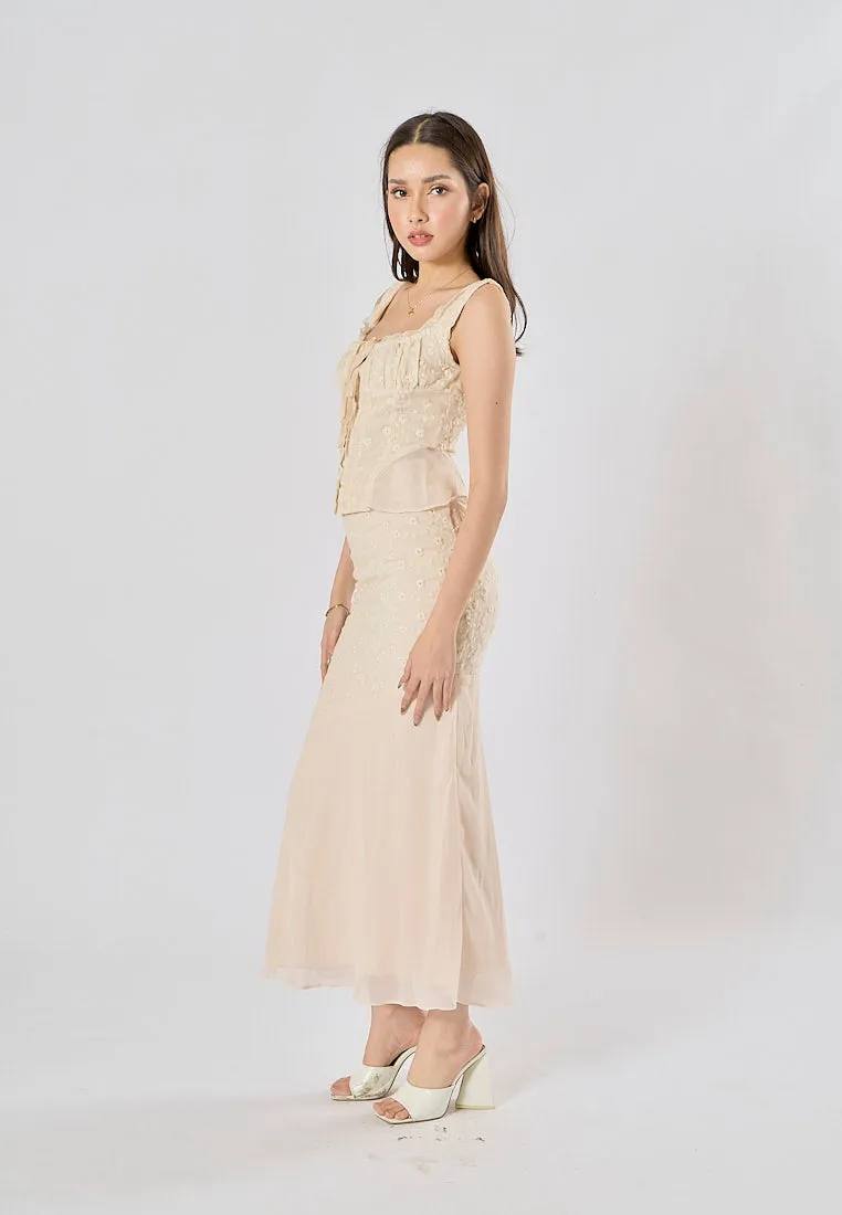 Alice Beige Floral Embroidery Midi Skirt
