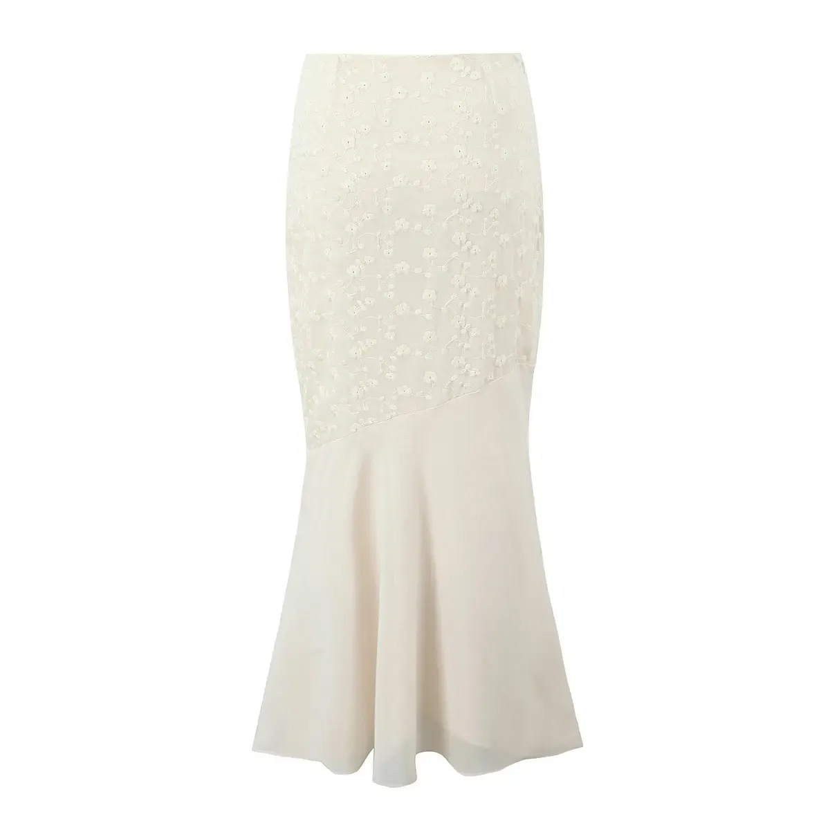 Alice Beige Floral Embroidery Midi Skirt