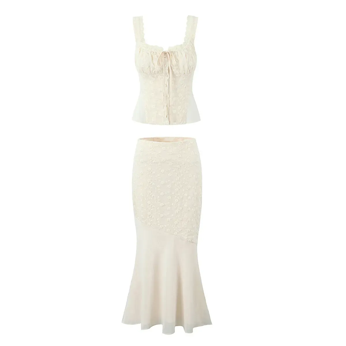 Alice Beige Floral Embroidery Midi Skirt