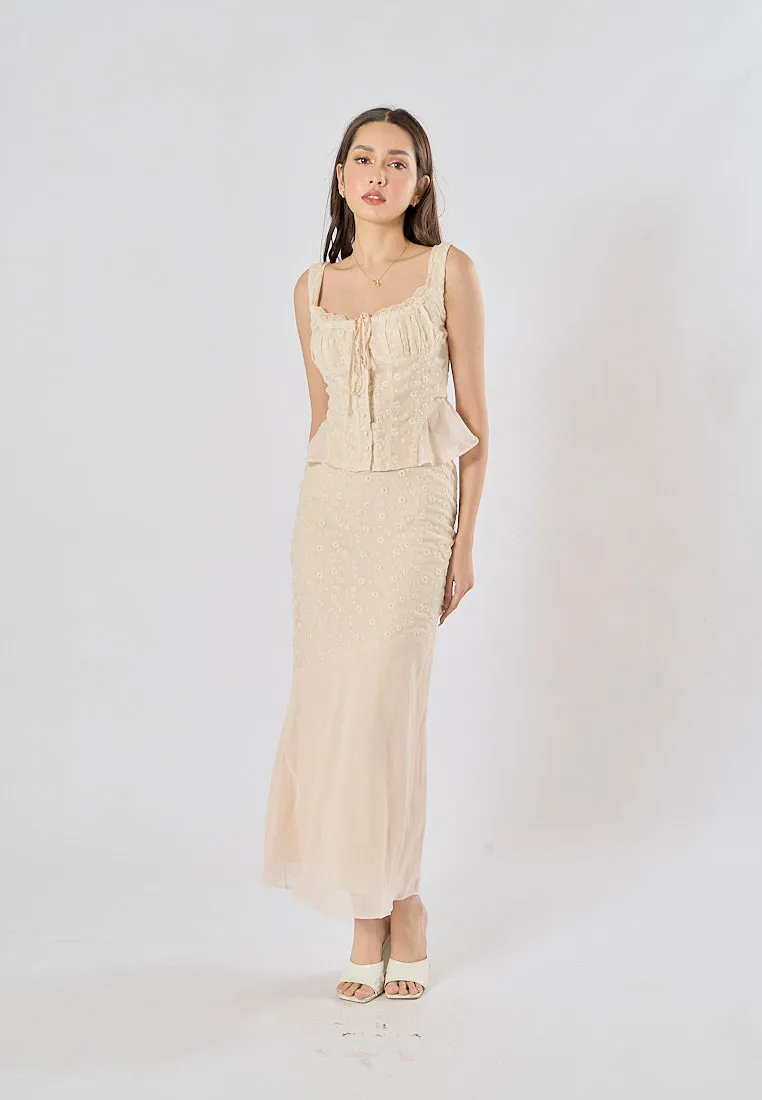 Alice Beige Floral Embroidery Midi Skirt