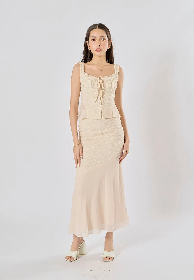 Alice Beige Floral Embroidery Midi Skirt