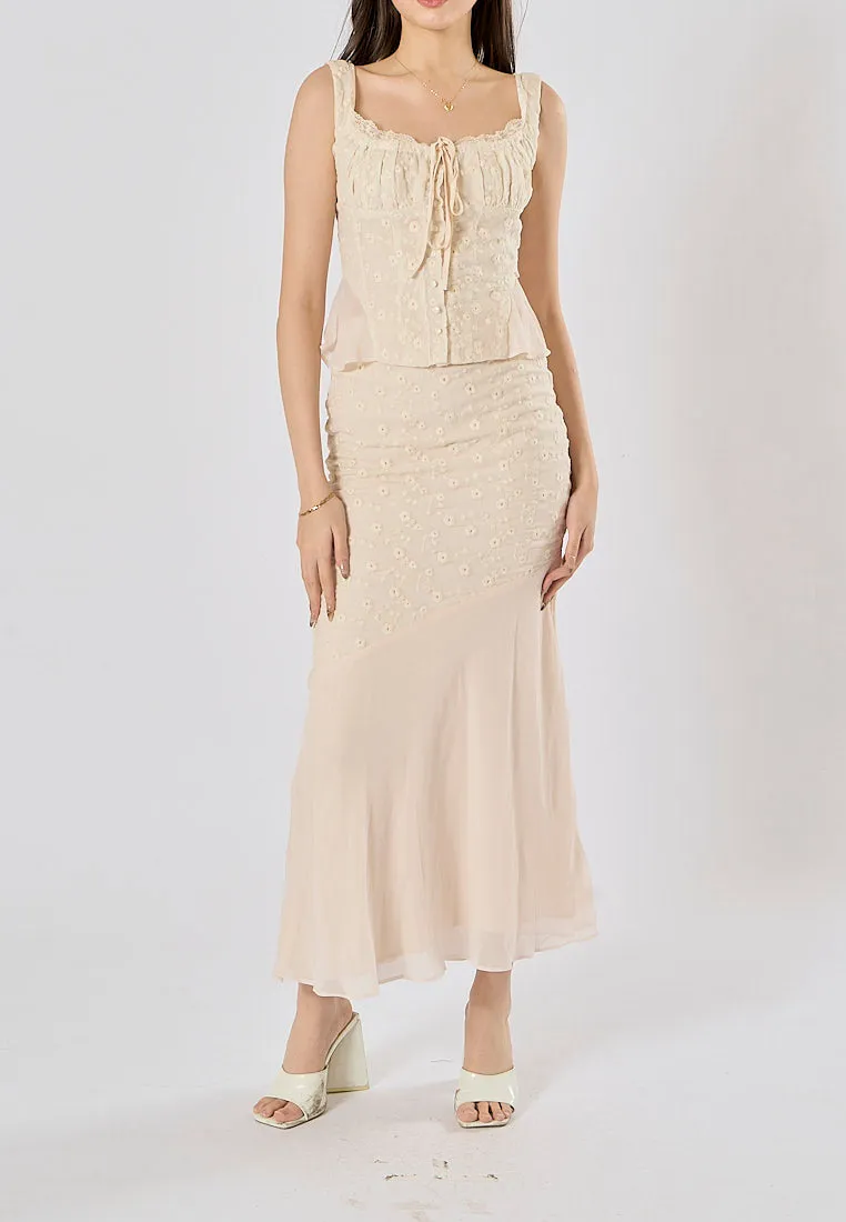 Alice Beige Floral Embroidery Midi Skirt
