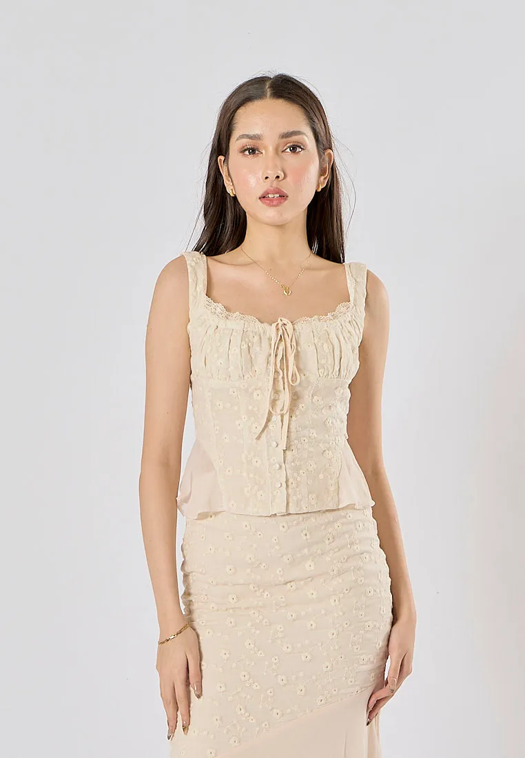 Alice Beige Floral Embroidery Midi Skirt