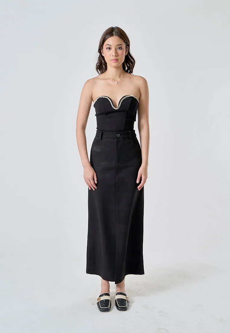 Anisette Black Zipper Fly Front Slit Casual Midi Skirt