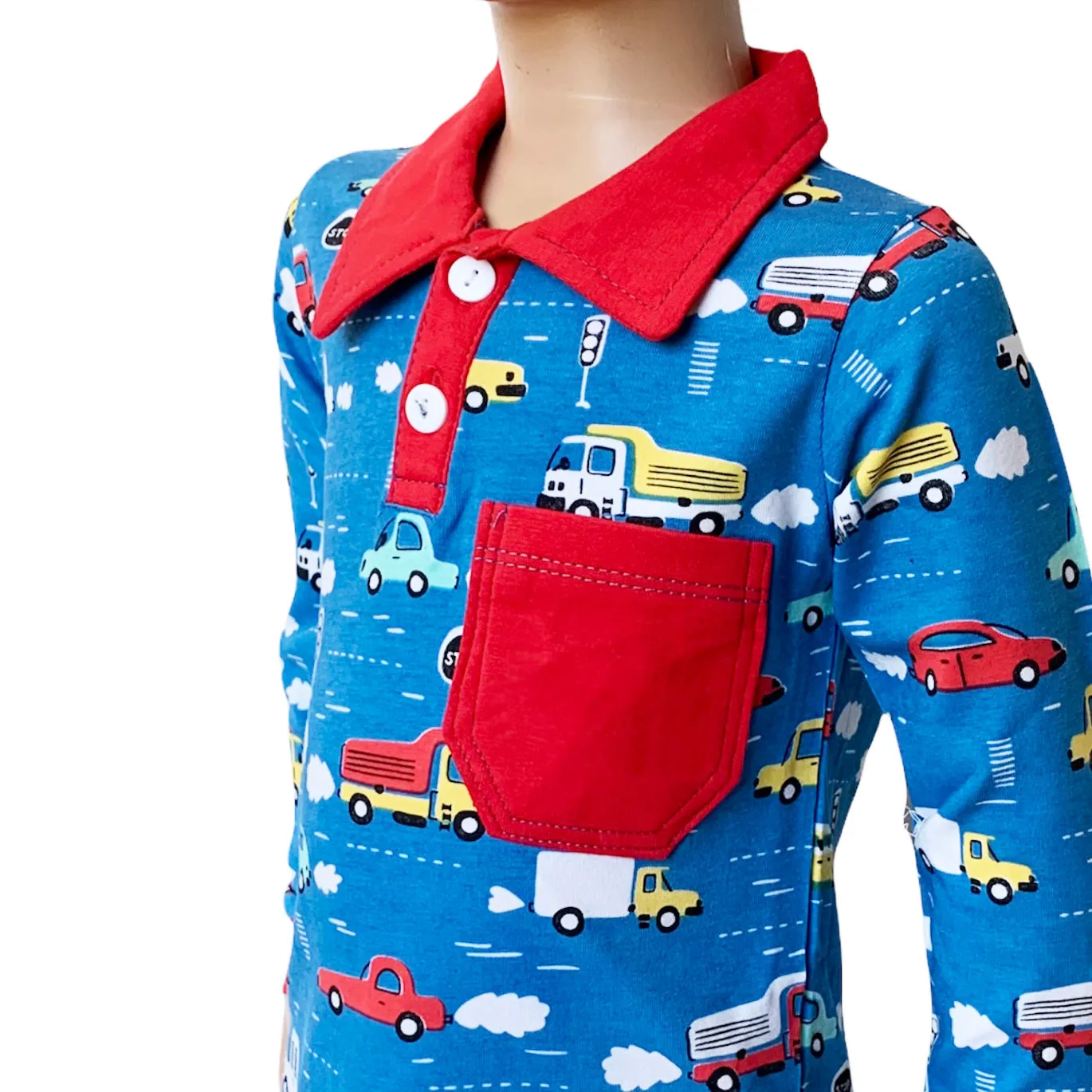 AnnLoren Toddler & Big Boys Long Sleeve Polo Shirt with Pocket Automobile Print