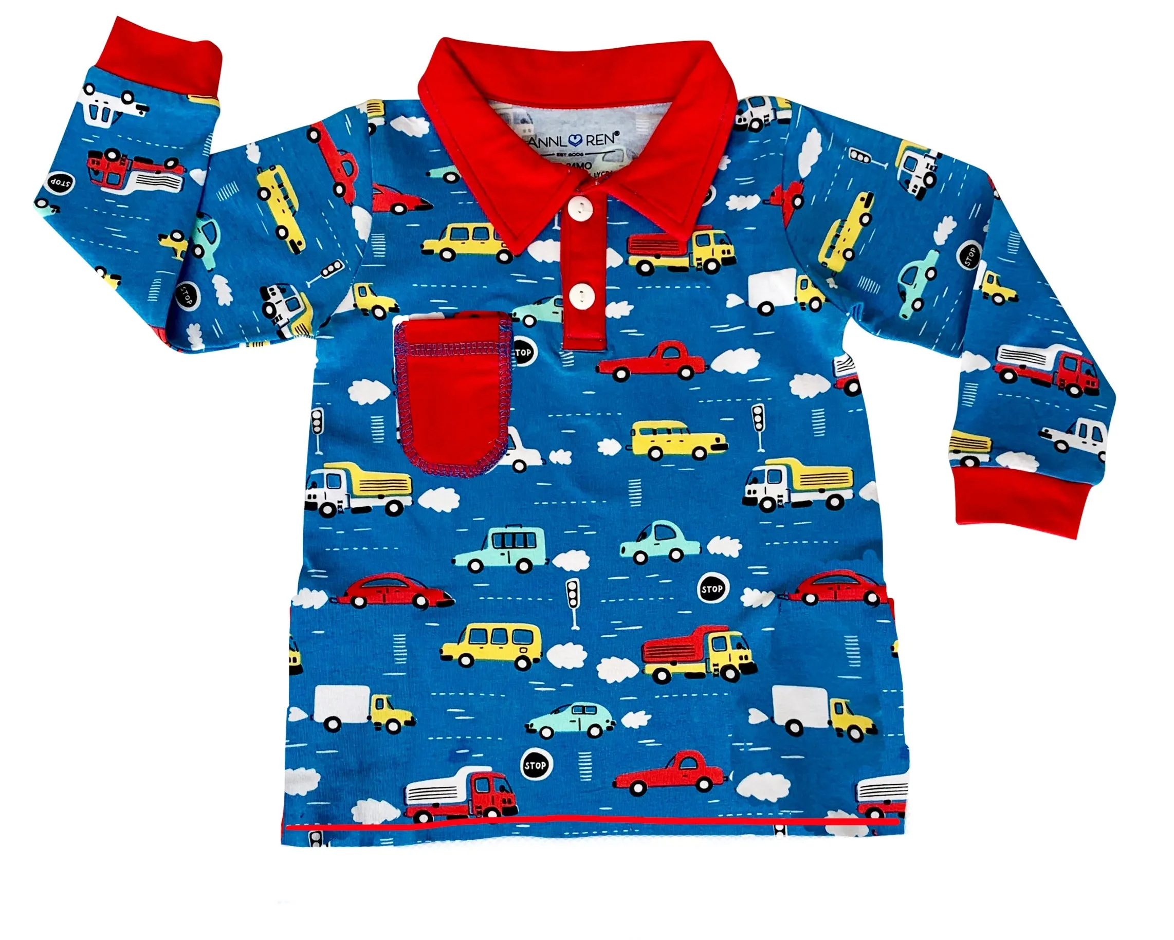 AnnLoren Toddler & Big Boys Long Sleeve Polo Shirt with Pocket Automobile Print