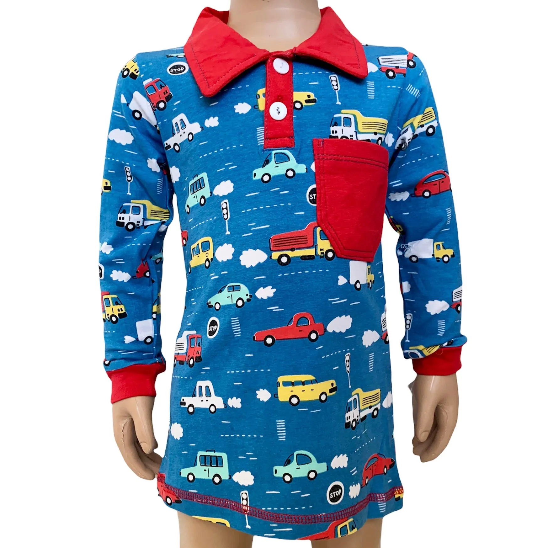 AnnLoren Toddler & Big Boys Long Sleeve Polo Shirt with Pocket Automobile Print