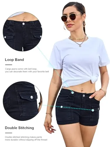 Aotasely Women's Bodycon Casual Denim Shorts Stretchy Mid Rise Cargo Jean Shorts with Pockets Night Clubwear Black