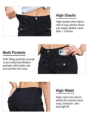 Aotasely Women's Bodycon Casual Denim Shorts Stretchy Mid Rise Cargo Jean Shorts with Pockets Night Clubwear Black
