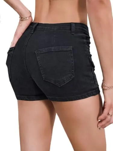 Aotasely Women's Bodycon Casual Denim Shorts Stretchy Mid Rise Cargo Jean Shorts with Pockets Night Clubwear Black