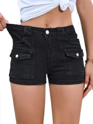 Aotasely Women's Bodycon Casual Denim Shorts Stretchy Mid Rise Cargo Jean Shorts with Pockets Night Clubwear Black